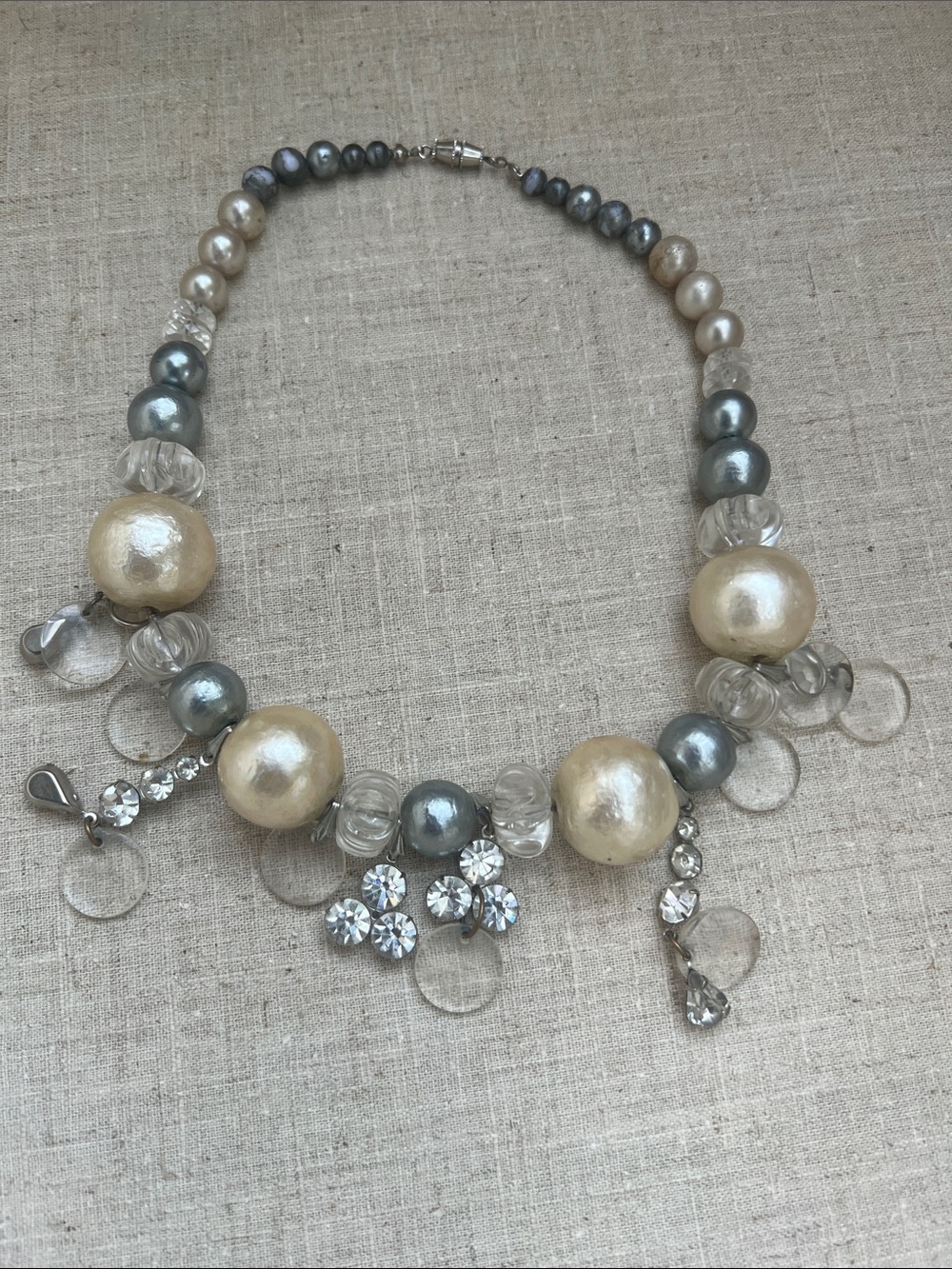 Cream and Silver Pearl & Crystal Cluster Necklace